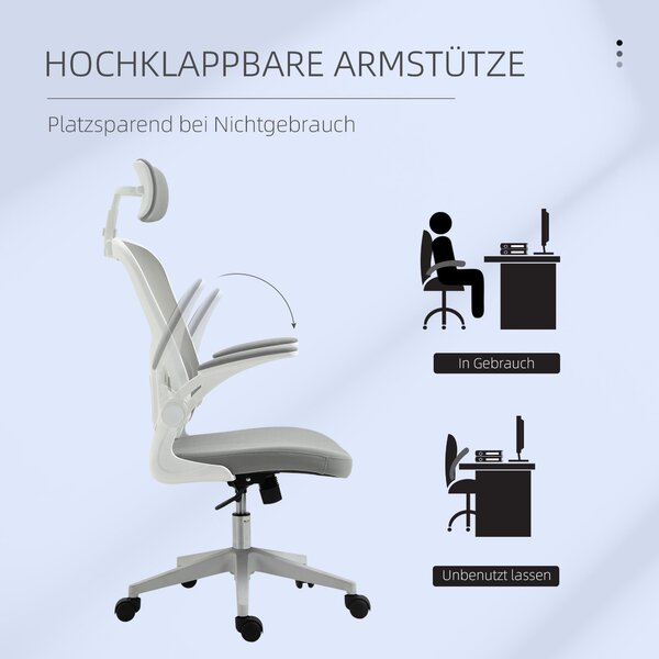 Ergonomická kancelářská židle Vinsetto s funkcí houpání, vysokým opěradlem, bederní oporou, opěrkou hlavy a skládacími područkami, šedá 65 x 64 x 114-