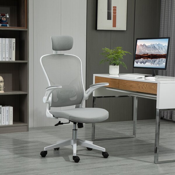 Ergonomická kancelářská židle Vinsetto s funkcí houpání, vysokým opěradlem, bederní oporou, opěrkou hlavy a skládacími područkami, šedá 65 x 64 x 114-
