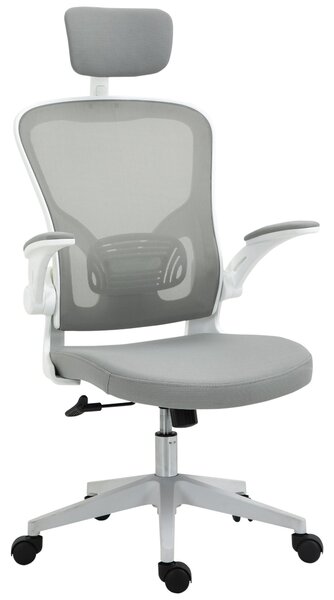 Ergonomická kancelářská židle Vinsetto s funkcí houpání, vysokým opěradlem, bederní oporou, opěrkou hlavy a skládacími područkami, šedá 65 x 64 x 114-