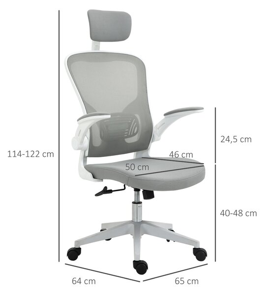 Ergonomická kancelářská židle Vinsetto s funkcí houpání, vysokým opěradlem, bederní oporou, opěrkou hlavy a skládacími područkami, šedá 65 x 64 x 114-