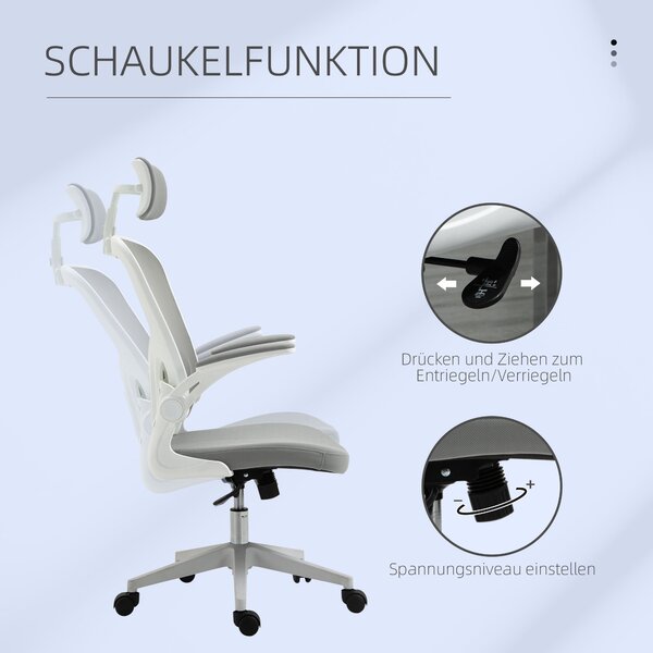 Ergonomická kancelářská židle Vinsetto s funkcí houpání, vysokým opěradlem, bederní oporou, opěrkou hlavy a skládacími područkami, šedá 65 x 64 x 114-