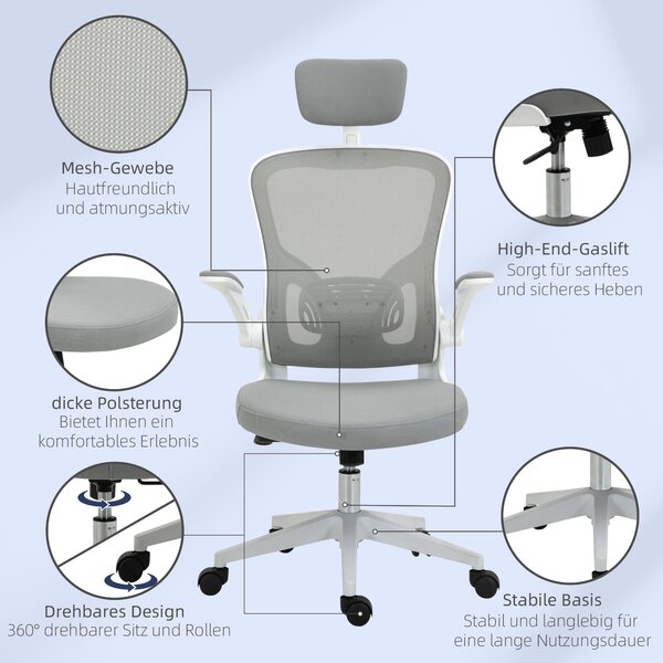 Ergonomická kancelářská židle Vinsetto s funkcí houpání, vysokým opěradlem, bederní oporou, opěrkou hlavy a skládacími područkami, šedá 65 x 64 x 114-