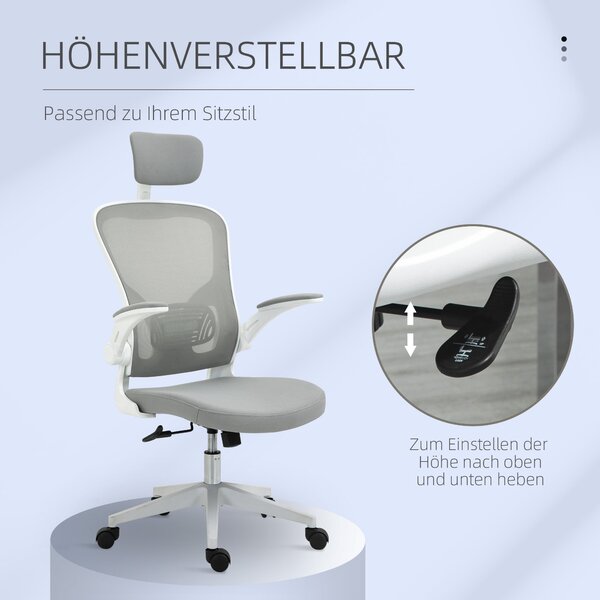 Ergonomická kancelářská židle Vinsetto s funkcí houpání, vysokým opěradlem, bederní oporou, opěrkou hlavy a skládacími područkami, šedá 65 x 64 x 114-