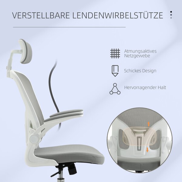 Ergonomická kancelářská židle Vinsetto s funkcí houpání, vysokým opěradlem, bederní oporou, opěrkou hlavy a skládacími područkami, šedá 65 x 64 x 114-