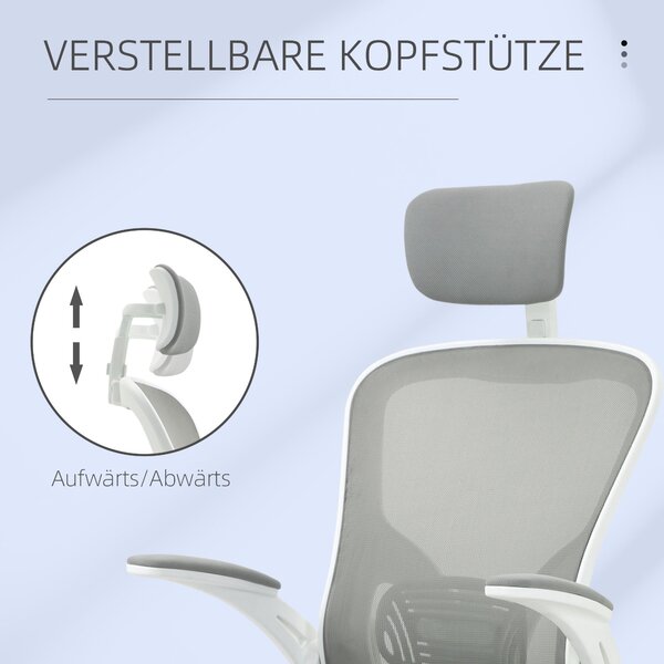 Ergonomická kancelářská židle Vinsetto s funkcí houpání, vysokým opěradlem, bederní oporou, opěrkou hlavy a skládacími područkami, šedá 65 x 64 x 114-