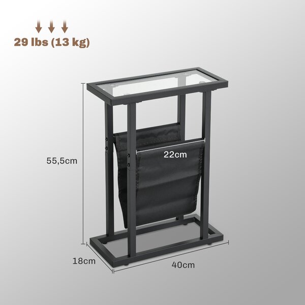 HOMCOM Noční stolek se látkovým košem, skleněná deska, konferenční stolek s kovovými nohami, stolek k pohovce do obývacího pokoje 40 x 18 x 55,5 cm Če