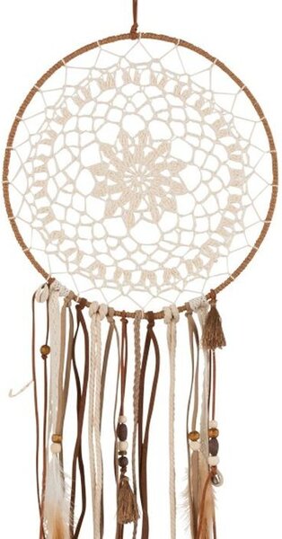 Hnědý lapač snů s korálky a peříčky Boho - Ø 25*78cm - J-Line by Jolipa