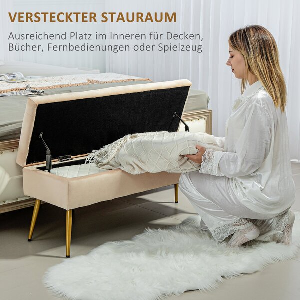 HOMCOM Úložná lavice s čalouněným sedákem, Ottoman se víkem, Bed Bench s sametovým vzhledem, pro chodbu, ložnici, obývací pokoj, kovový rám 102 x 35 x