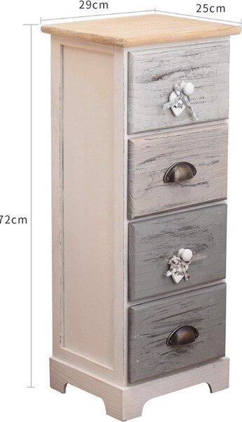 Unyqoos® Malá komoda se 4 zásuvkami – dřevo paulownia, retro styl, barva bílá/modrá/šedá, vhodná do ložnice a koupelny, rozměry 72 x 29 x 25 cm, model RE4482