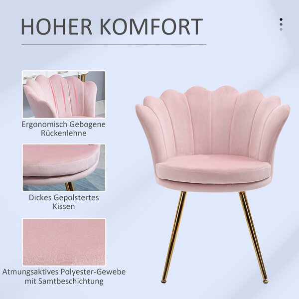 HOMCOM Křeslo do Obývacího Pokoj s Designem ve Tvaru Lotusu, Polstrované Křeslo s Kovovými Nohami, Sametový Vzhled, Jednoduché Křeslo do Ložnice, Růžo