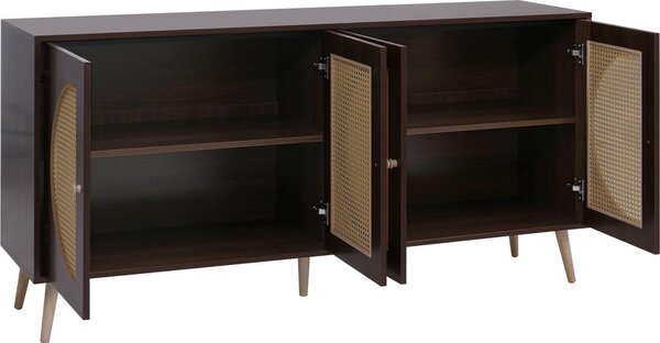Sideboard HWC-P49, skříň komoda s dvířky příborník úložné prostory, polyratan MDF melamin 80x160x40cm vzhled ořech
