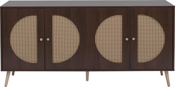 Sideboard HWC-P49, skříň komoda s dvířky příborník úložné prostory, polyratan MDF melamin 80x160x40cm vzhled ořech