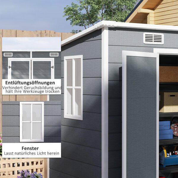 Zahradní domek Outsunny 2,54 m², voděodolný zahradní dům s podlahou a pultovou střechou, 238x125x183/165 cm, nářaďový domek s uzamykatelnými dveřmi, o
