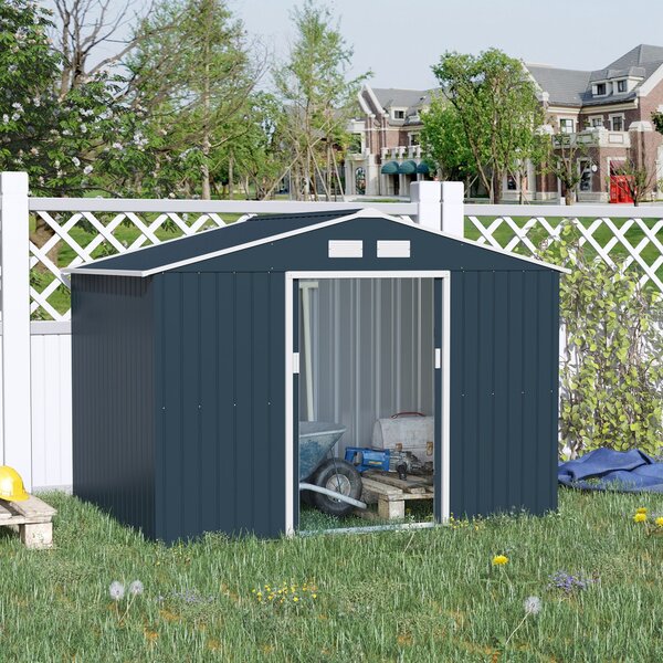 Outsunny Zahradní Kůlna 4,9 m², Zahradní Dům s Šikmou Střechou, Posuvné Dveře, Základna, 277 x 195 x 192 cm, Kůlna z Pozinkované Oceli, Odolná Vůči Po