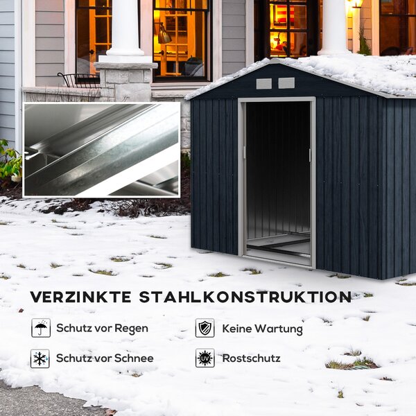 Outsunny Zahradní Kůlna 4,9 m², Zahradní Dům s Šikmou Střechou, Posuvné Dveře, Základna, 277 x 195 x 192 cm, Kůlna z Pozinkované Oceli, Odolná Vůči Po