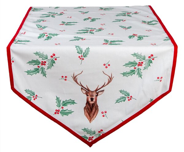Běhoun na stůl Holly Christmas s červeným lemem a jelenem - 50*160 cm