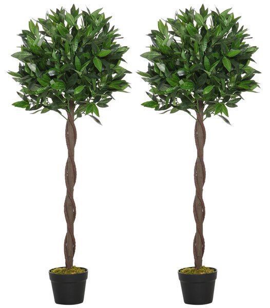 Sada 2 umělých vavřínových stromů Outsunny, 120 cm umělé rostliny v cementových květináčích, interiérové rostliny, umělé rostliny pro interiér a exter