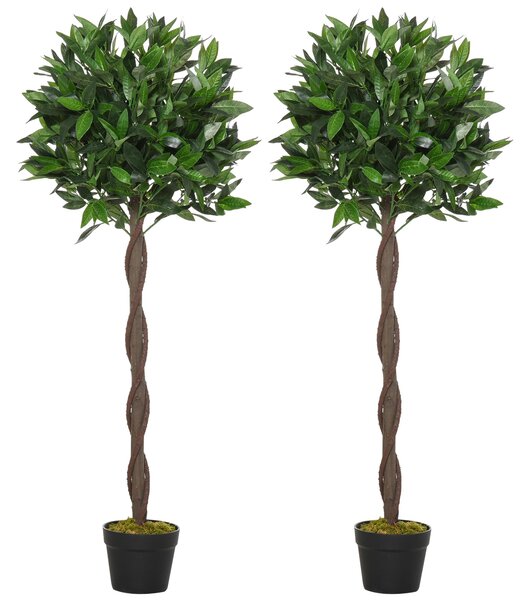 Sada 2 umělých vavřínových stromů Outsunny, 120 cm umělé rostliny v cementových květináčích, interiérové rostliny, umělé rostliny pro interiér a exter