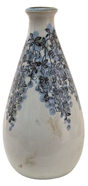 Béžová keramická váza s modrými květy Maun - Ø13*26 cm