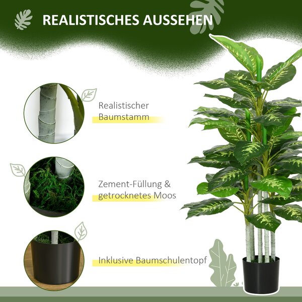 HOMCOM Umělá Dieffenbachia Velká 120 cm, Umělá Rostlina Dieffenbachia v Květináči, Umělé Stromy s Umělou Trávou pro Dekoraci Obývacího Pokoj a Ložnice