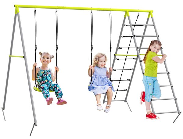 Vysoce kvalitní dětská houpačka Outsunny - ocelový rám, dvojitá houpačka, lezecká síť, žebřík, zahradní houpačka pro děti 3-8 let, Zelená | Aosom