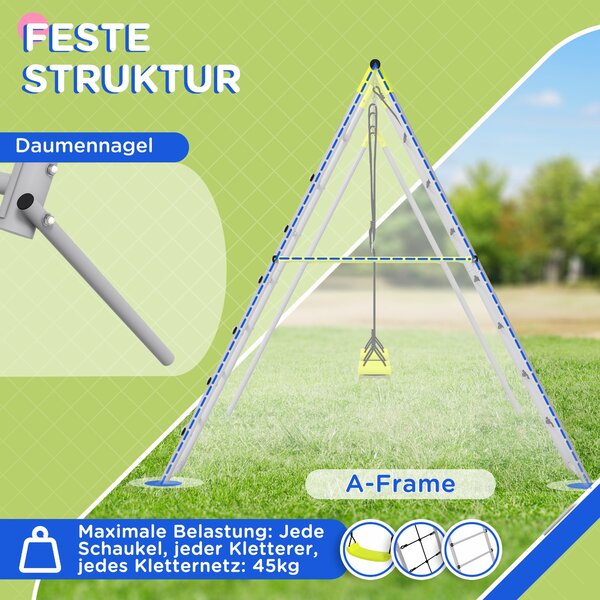 Vysoce kvalitní dětská houpačka Outsunny - ocelový rám, dvojitá houpačka, lezecká síť, žebřík, zahradní houpačka pro děti 3-8 let, Zelená | Aosom