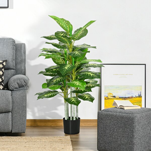 HOMCOM Umělá Dieffenbachia Velká 120 cm, Umělá Rostlina Dieffenbachia v Květináči, Umělé Stromy s Umělou Trávou pro Dekoraci Obývacího Pokoj a Ložnice