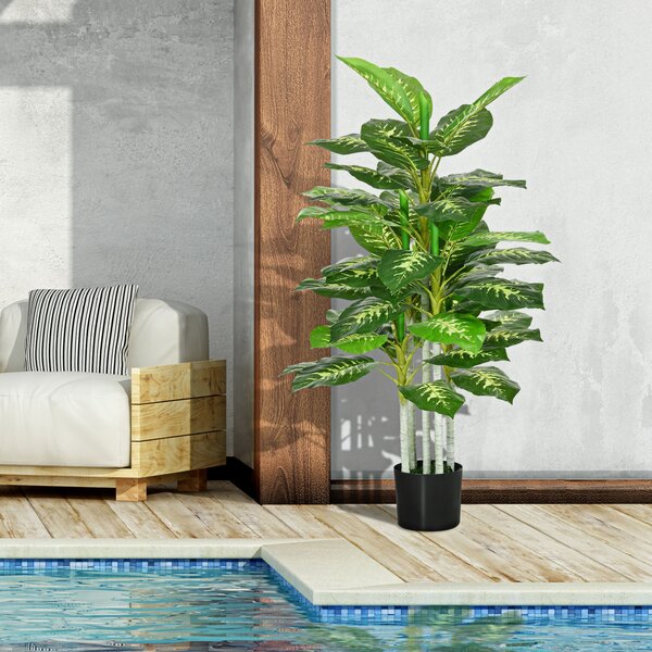 HOMCOM Umělá Dieffenbachia Velká 120 cm, Umělá Rostlina Dieffenbachia v Květináči, Umělé Stromy s Umělou Trávou pro Dekoraci Obývacího Pokoj a Ložnice