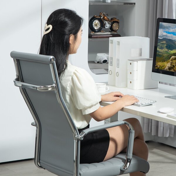 Ergonomická kancelářská židle Vinsetto s houpací funkcí, výškově nastavitelná otočná židle s područky, umělá kůže, světle šedá | Aosom