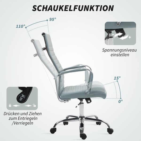 Ergonomická kancelářská židle Vinsetto s houpací funkcí, výškově nastavitelná otočná židle s područky, umělá kůže, světle šedá | Aosom