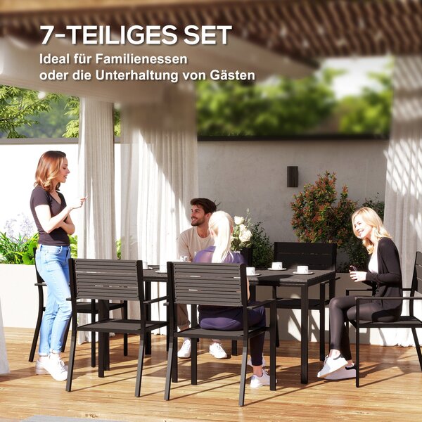 Outsunny 7dílná jídelní sada pro 6 osob – Jídelní stůl se 6 stohovatelnými židlemi – Jídelní set s lamelovým stolkem – Kuchyňská sada – Balkonový náby