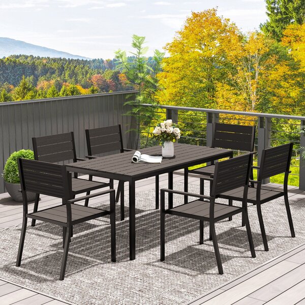 Outsunny 7dílná jídelní sada pro 6 osob – Jídelní stůl se 6 stohovatelnými židlemi – Jídelní set s lamelovým stolkem – Kuchyňská sada – Balkonový náby