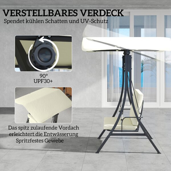Outsunny Hollywoodská houpačka s nastavitelnou sluneční střechou a polstrováním sedadel, 2-místná zahradní houpačka pro až 220 kg, UV 30+, 150x120x182