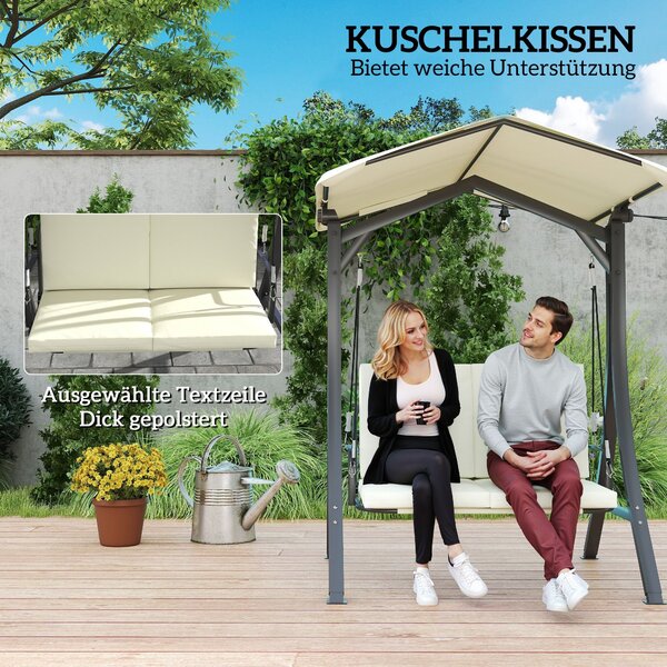 Outsunny Hollywoodská houpačka s nastavitelnou sluneční střechou a polstrováním sedadel, 2-místná zahradní houpačka pro až 220 kg, UV 30+, 150x120x182