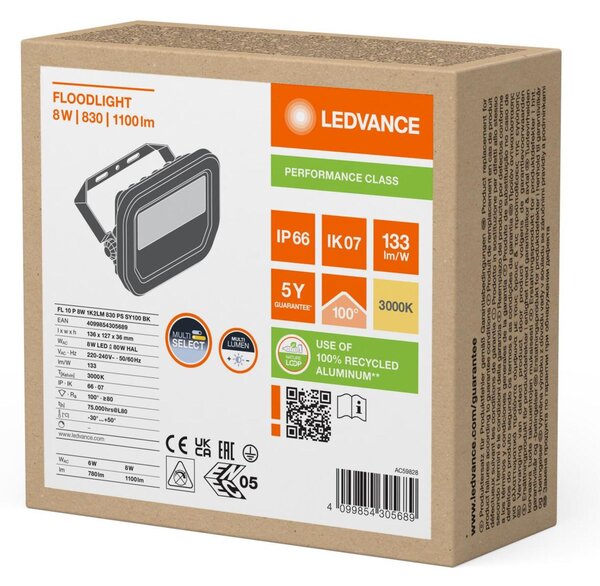 LEDVANCE LED reflektor FL 10 P 8W 1K2LM 830 PS SY100 BK 4099854305689