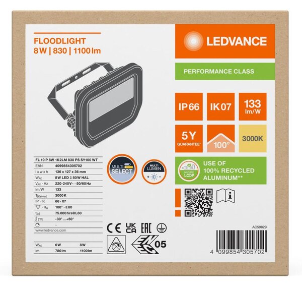 LEDVANCE LED reflektor FL 10 P 8W 1K2LM 830 PS SY100 WT 4099854305702