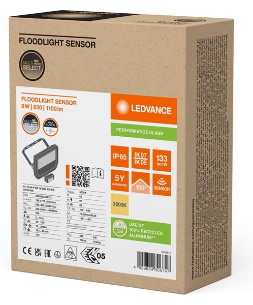 LEDVANCE LED reflektor FL 10 SN P 8W 1K2LM 830 PS SY100 BK 4099854306747