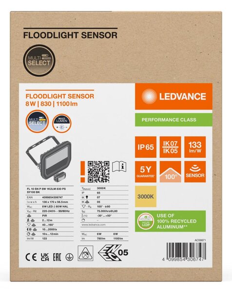 LEDVANCE LED reflektor FL 10 SN P 8W 1K2LM 830 PS SY100 BK 4099854306747