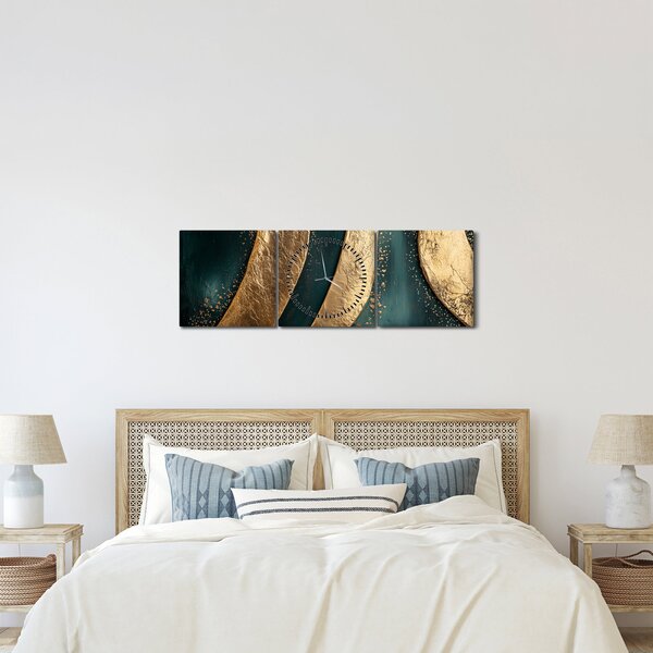 Obraz - Zelená abstrakce se zlatem I. (s hodinami) (90x30 cm)
