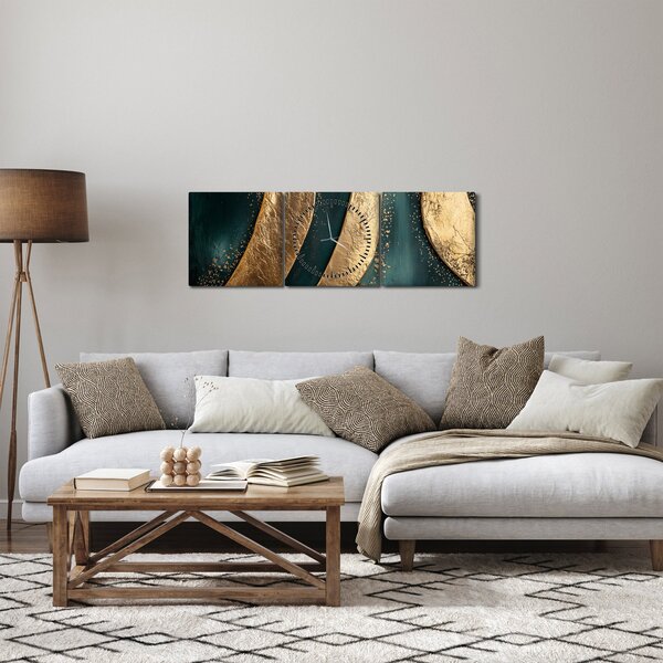 Obraz - Zelená abstrakce se zlatem I. (s hodinami) (90x30 cm)