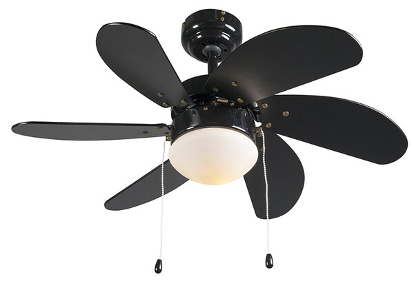 Stropní ventilátor černý s potiskem dřeva 80 cm s tahovým spínačem - Fresh