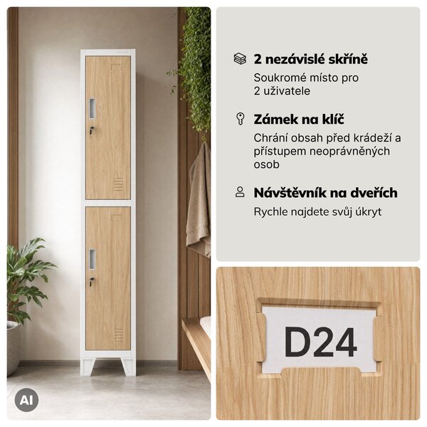 Šatní skříň kovová pracovní hluboká 2-dveřová bílá/dub sonoma, 292x1720x600 mm: BARTEK 1 Plus D600 Eco Design