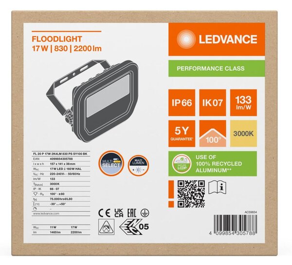 LEDVANCE LED reflektor FL 20 P 17W 2K4LM 830 PS SY100 BK 4099854305788