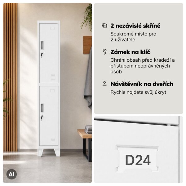 Šatní skříň kovová pracovní hluboká 2-dveřová bílá, 292x1720x600 mm: BARTEK 1 Plus D600