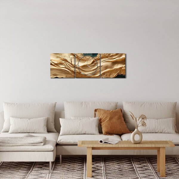Obraz - Zelená abstrakce se zlatem II. (s hodinami) (90x30 cm)