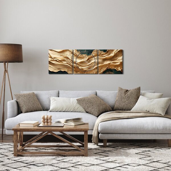 Obraz - Zelená abstrakce se zlatem II. (s hodinami) (90x30 cm)