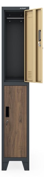 Šatní skříň kovová pracovní hluboká 2-dveřová antracit/ořech, 292x1720x600 mm: BARTEK 1 Plus D600 Eco Design