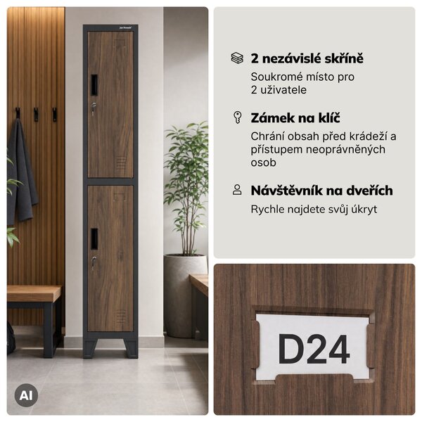 Šatní skříň kovová pracovní hluboká 2-dveřová antracit/ořech, 292x1720x600 mm: BARTEK 1 Plus D600 Eco Design