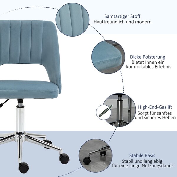 Vinsetto Kancelářská Židle, Výškově Nastavitelná Židle do Domácí Kanceláře bez Područek, Otáčivá Kancelářská Židle s Vrstvou Sametu, Ergonomická Židle