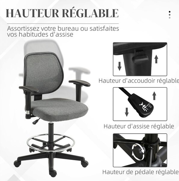 Vinsetto Vysoká Židle do Kanceláře se Nastavitelným Sedákem a Područky, dim. 60Š x 57H x 97-119V cm na Kolečkách, Šedá | Aosom